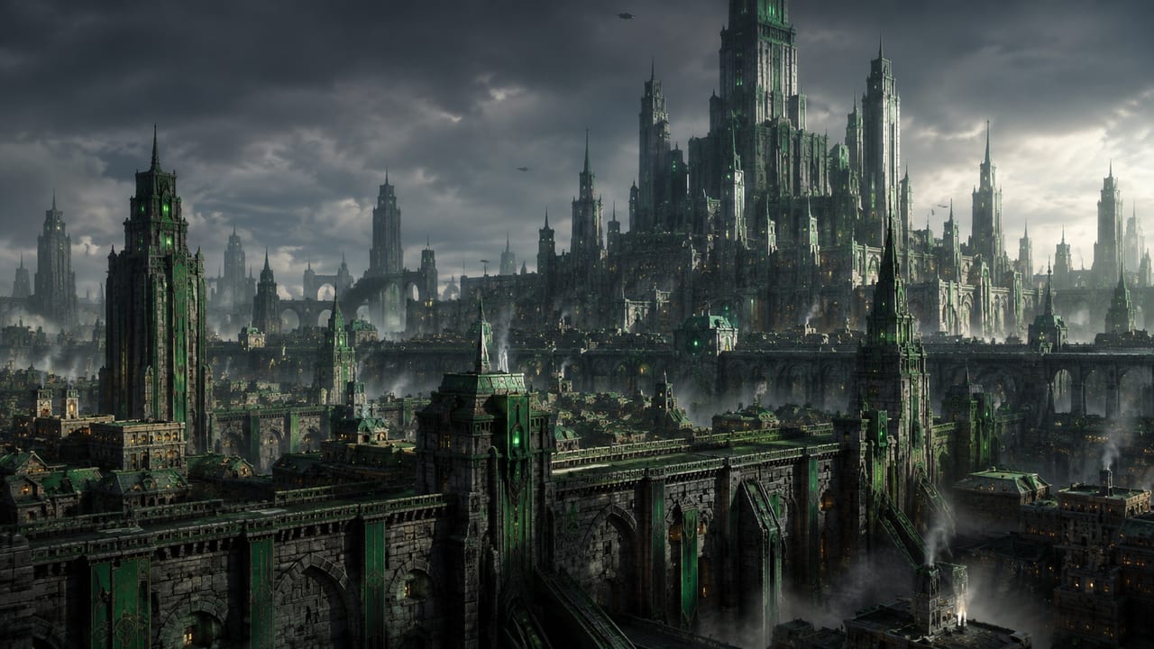 Monumental Riddlecore compute citadel rising above an interconnected city