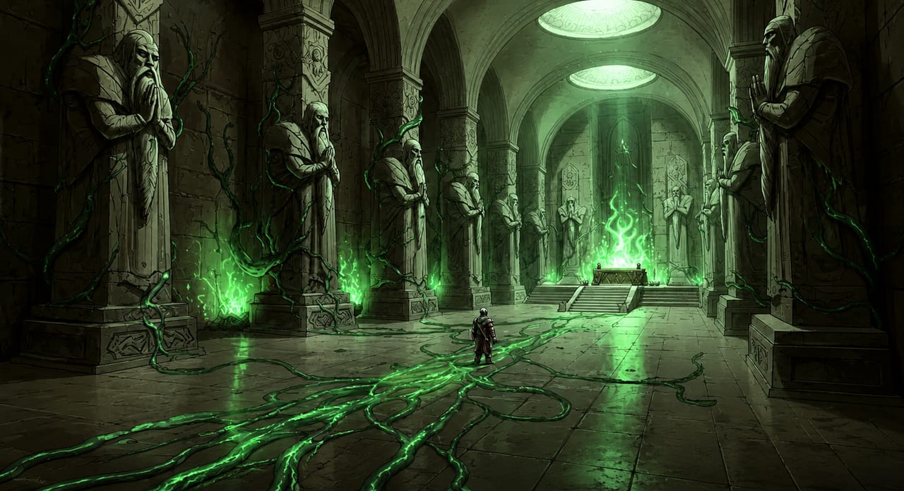 A vast intelligence chamber illuminated by branching green energy